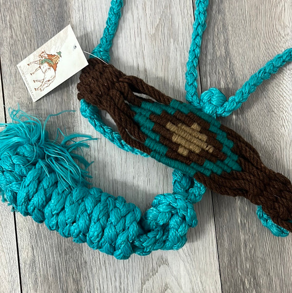 Woven Teal Nylon Mule Tape Halter with Mohair Noseband