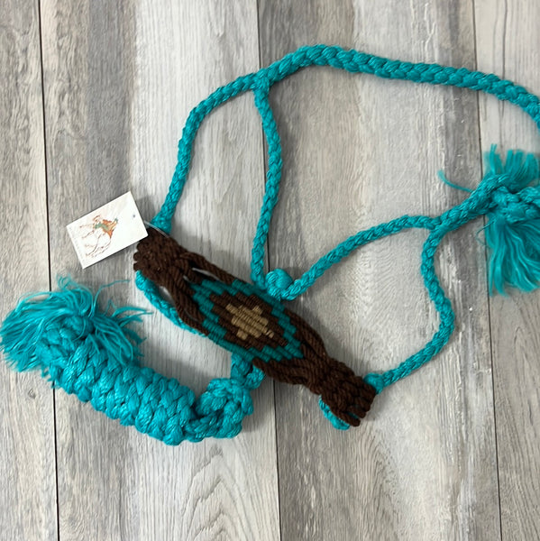 Woven Teal Nylon Mule Tape Halter with Mohair Noseband