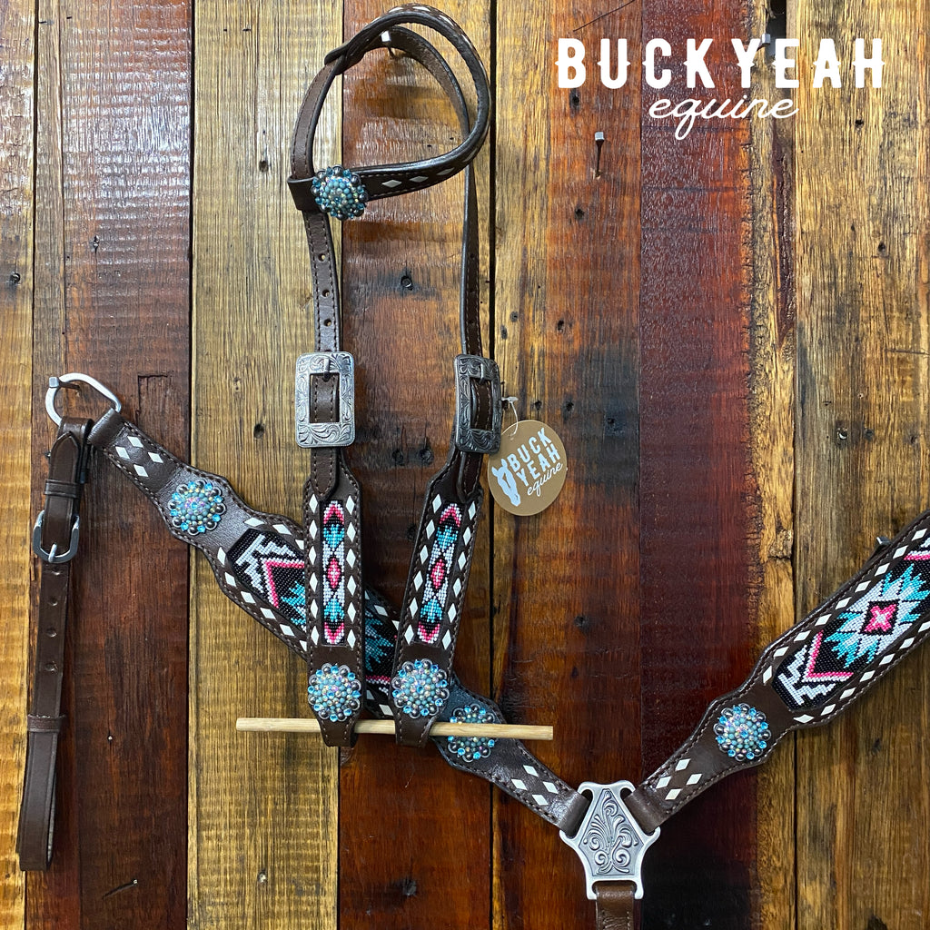 Pink & Teal Beaded One Ear Tack Set with bling conchos