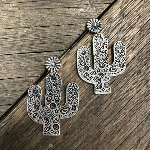 Engraved Cactus Dangle Earrings