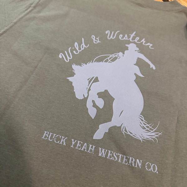 Wild & Western Bronc Mens Crew Neck Tee - Olive
