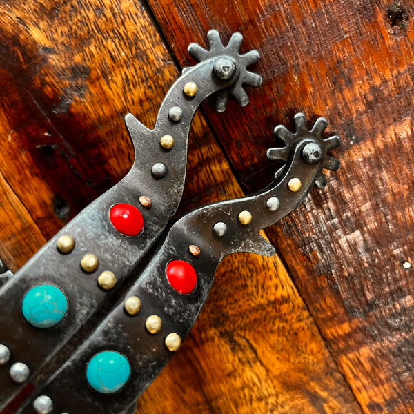Steel Spur with Red and Teal Marble Studs