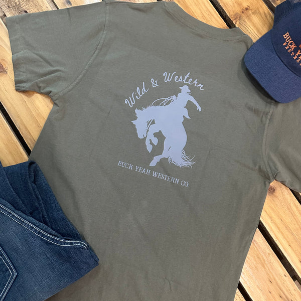 Wild & Western Bronc Mens Crew Neck Tee - Olive