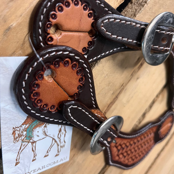 Ladies two-tone Argentina cow leather basket stamped spur straps