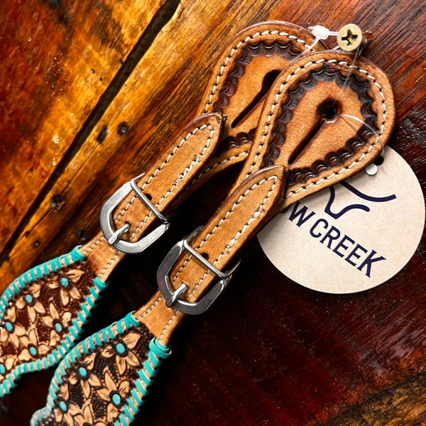 Ladies Spur Straps With Tooled Flowers With Teal Whip stitch