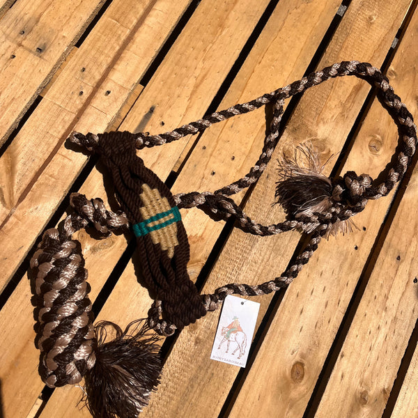 Woven Tan & Brown Nylon Mule Tape Halter with Mohair Noseband