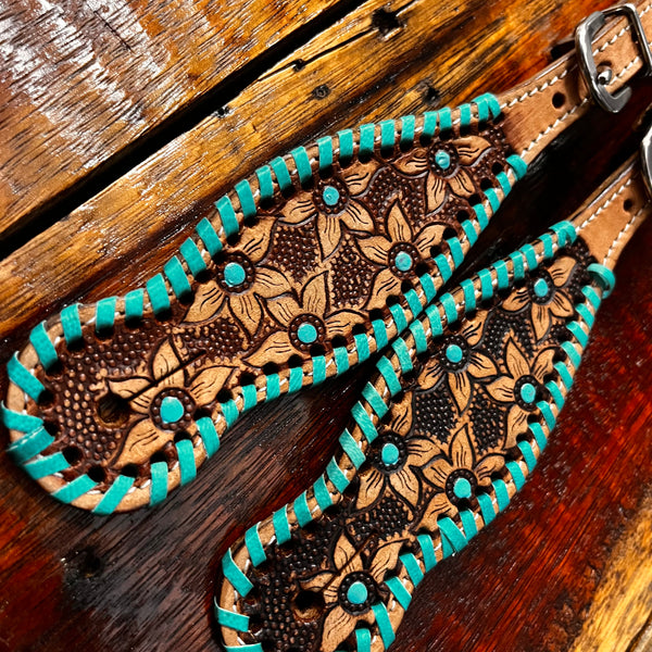 Ladies Spur Straps With Tooled Flowers With Teal Whip stitch
