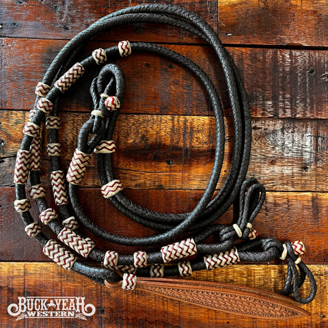 8FT Braided Dark Brown Rawhide Romal Reins With Leather Popper