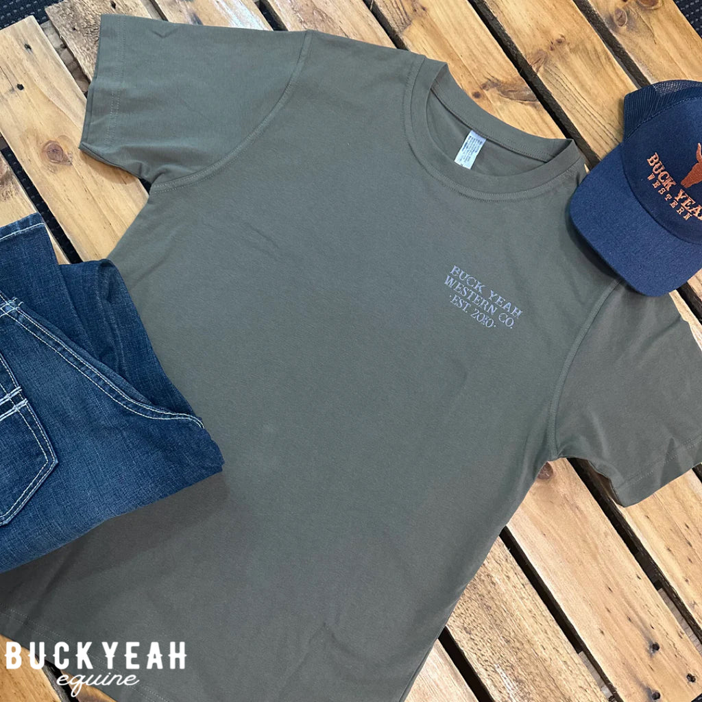 Wild & Western Bronc Mens Crew Neck Tee - Olive