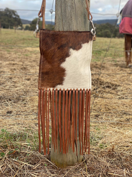 Skye Band Handbag - Brown and White Cowhide with Fringe