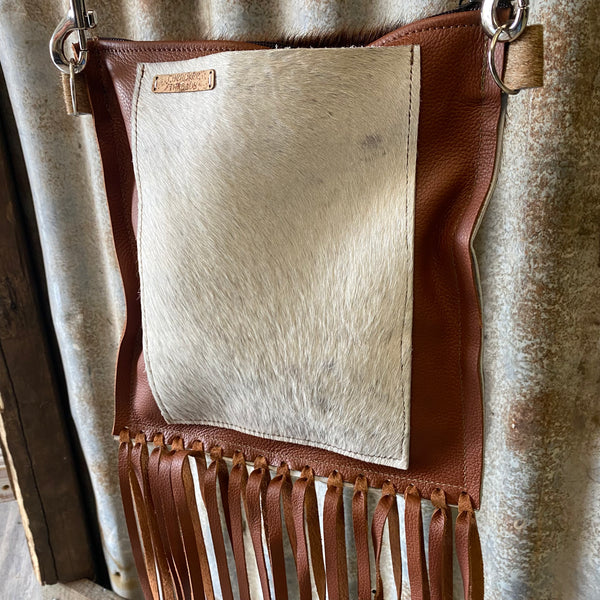 Skye Band Handbag - Brown and White Cowhide with Fringe