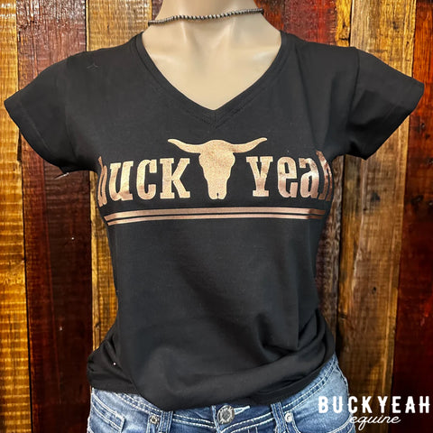 "Buck Yeah" Brand V-Neck Tee - Black & Rose Gold