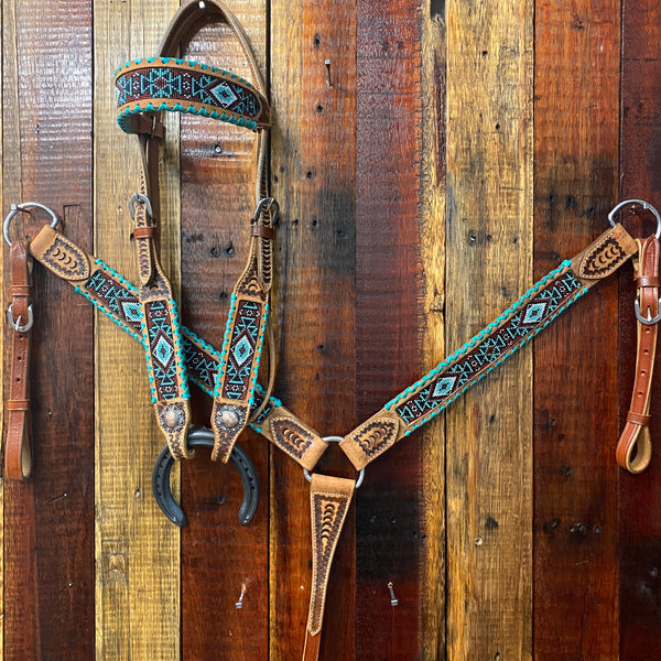 Headstall set with Aztec beaded inlay & teal rawhide laced