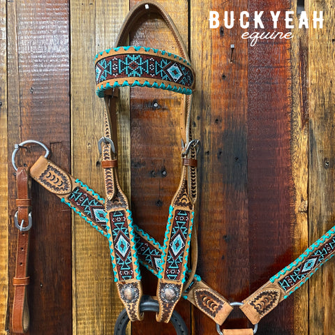 Headstall set with Aztec beaded inlay & teal rawhide laced