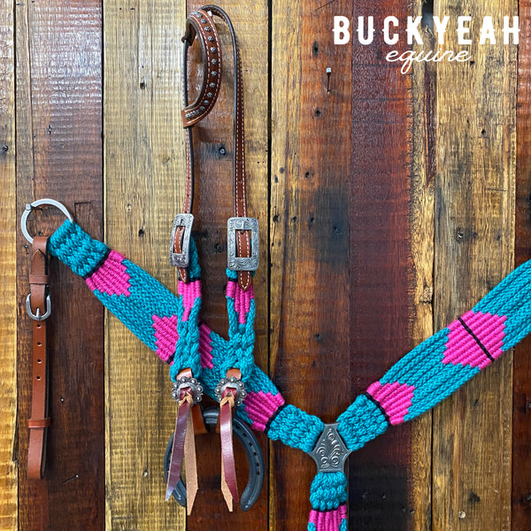 Corded One Ear Bridle & Breast Plate Set - Teal/Pink