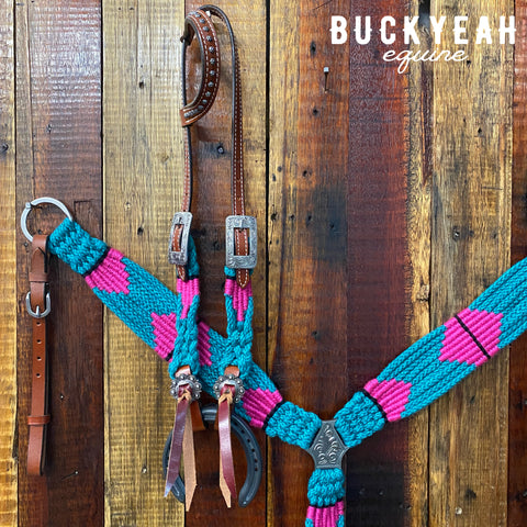 Corded One Ear Bridle & Breast Plate Set - Teal/Pink