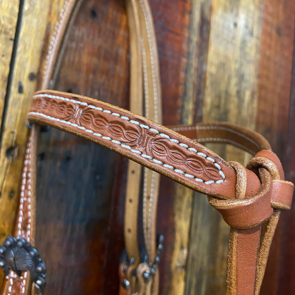 Argentina cow leather futurity headstall with barbed wire tooling