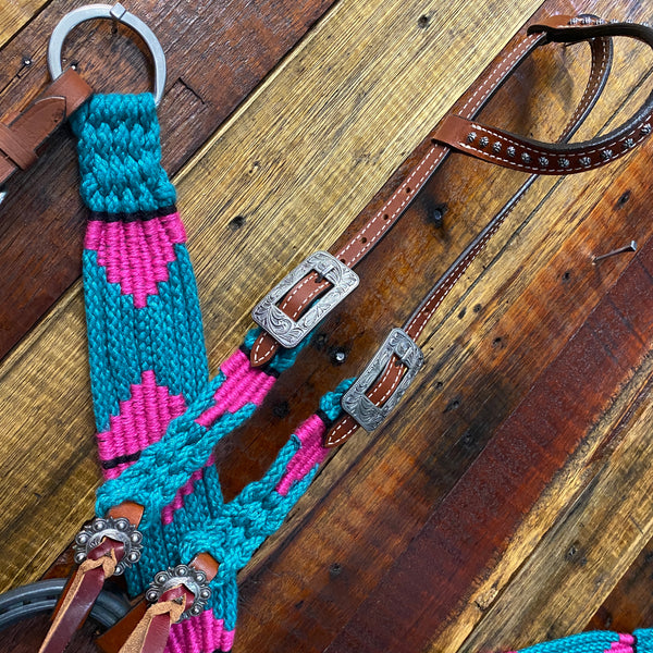 Corded One Ear Bridle & Breast Plate Set - Teal/Pink