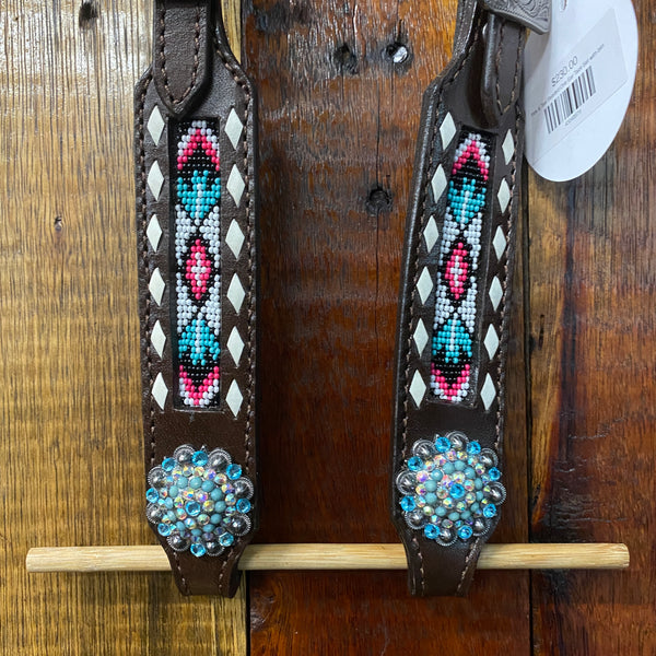 Pink & Teal Beaded One Ear Tack Set with bling conchos