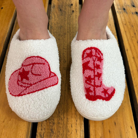 Pink Cowboy & Boot Emoji Graphic Slippers