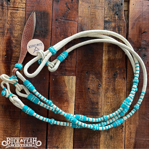 8FT Braided Natural Rawhide & Teal Romal Reins