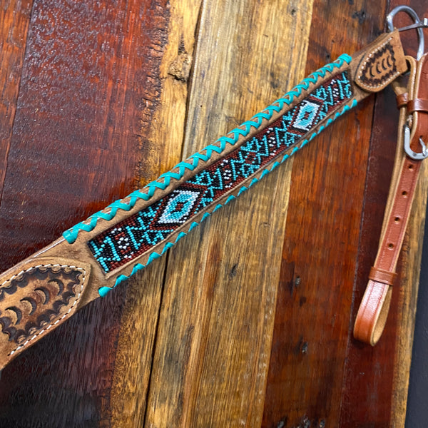 Headstall set with Aztec beaded inlay & teal rawhide laced