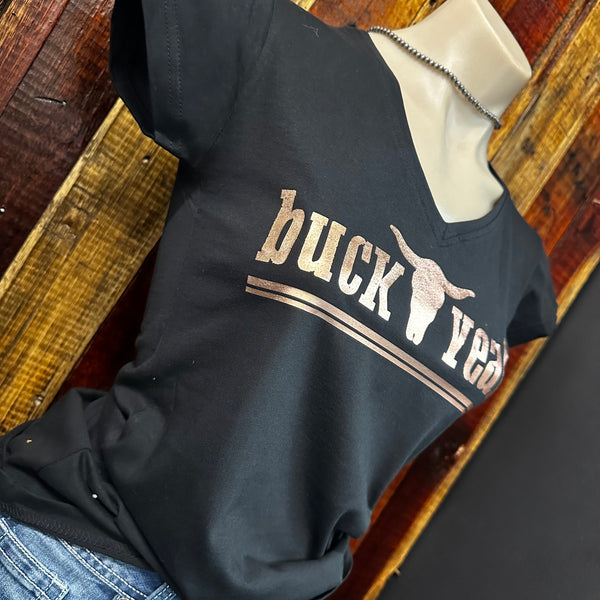 "Buck Yeah" Brand V-Neck Tee - Black & Rose Gold