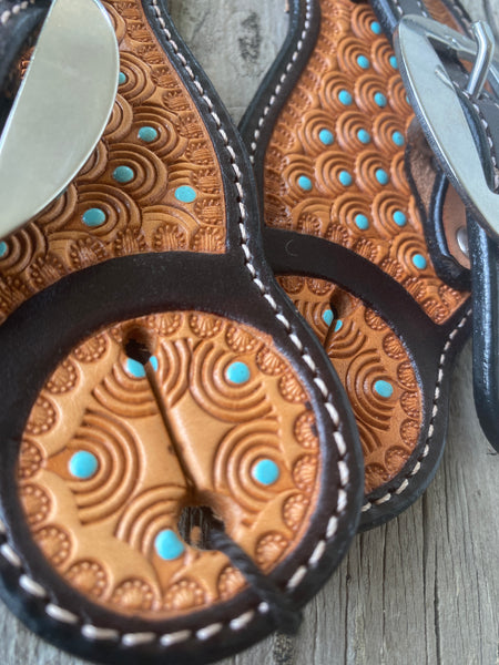Ezy Ride Spur Strap Cowboy Shaped with Stamping and Turquoise Dots Two Tone