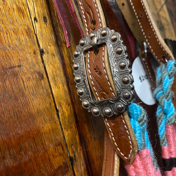 Corded Mohair Browband Headstall and Breastcollar Set - Navy/Teal/Pink