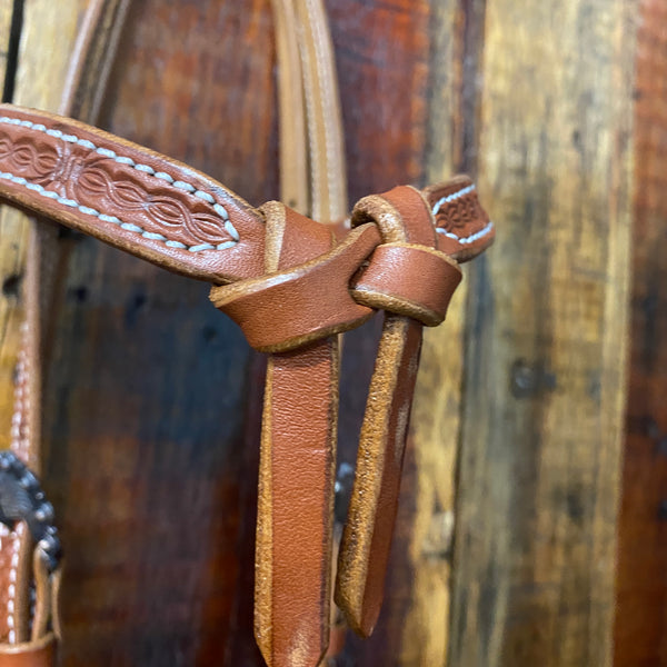 Argentina cow leather futurity headstall with barbed wire tooling