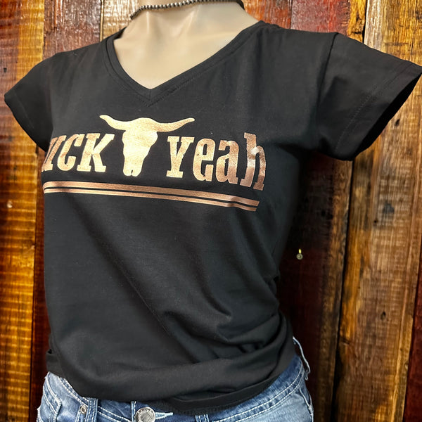 "Buck Yeah" Brand V-Neck Tee - Black & Rose Gold