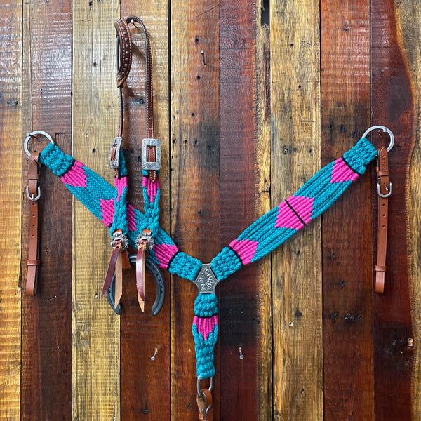 Corded One Ear Bridle & Breast Plate Set - Teal/Pink