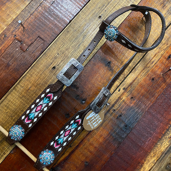 Pink & Teal Beaded One Ear Tack Set with bling conchos