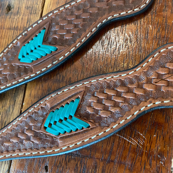 Ladies tooled Spur Straps with Teal Arrows