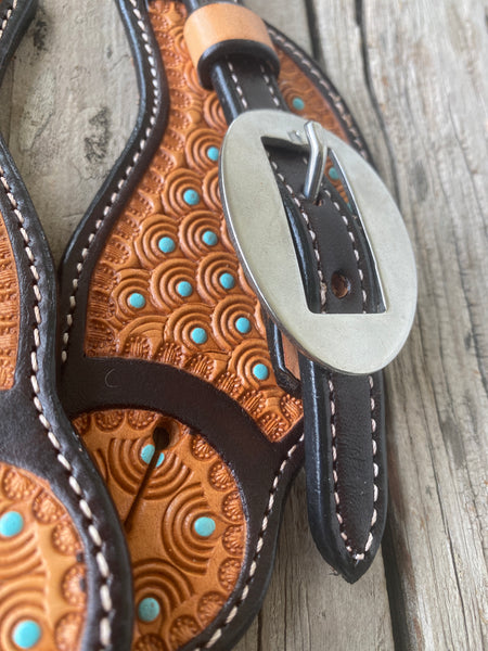 Ezy Ride Spur Strap Cowboy Shaped with Stamping and Turquoise Dots Two Tone
