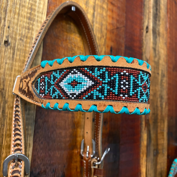 Headstall set with Aztec beaded inlay & teal rawhide laced