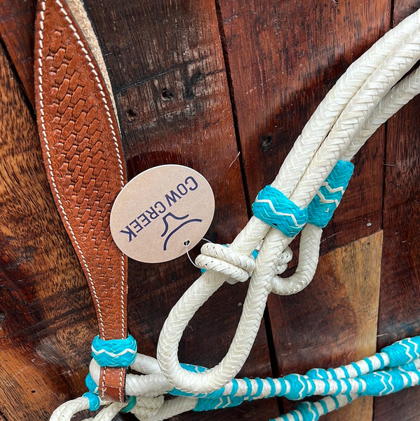 8FT Braided Natural Rawhide & Teal Romal Reins