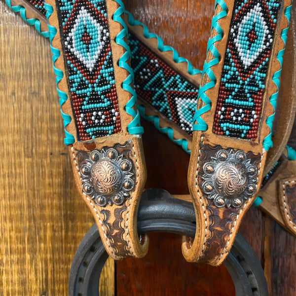 Headstall set with Aztec beaded inlay & teal rawhide laced