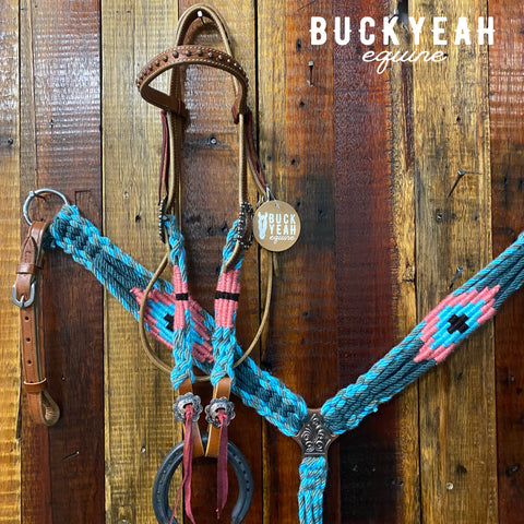 Corded Mohair Browband Headstall and Breastcollar Set - Navy/Teal/Pink