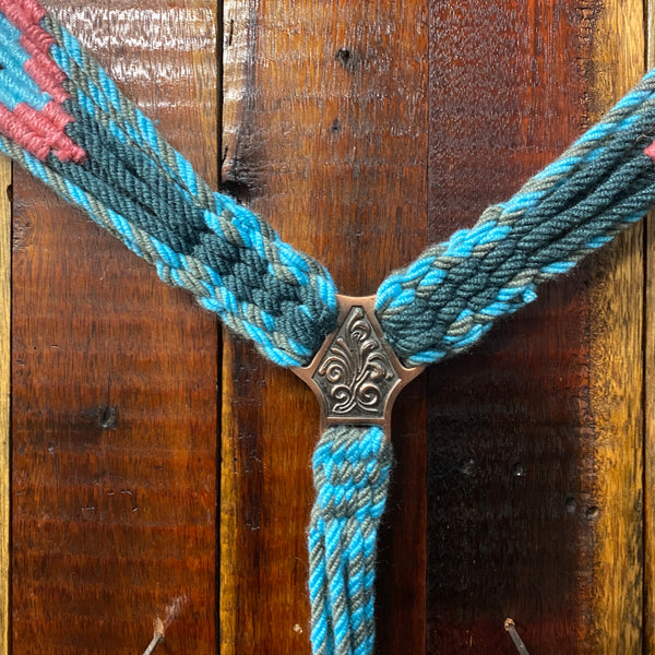 Corded Mohair Browband Headstall and Breastcollar Set - Navy/Teal/Pink