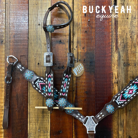 Pink & Teal Beaded One Ear Tack Set with bling conchos