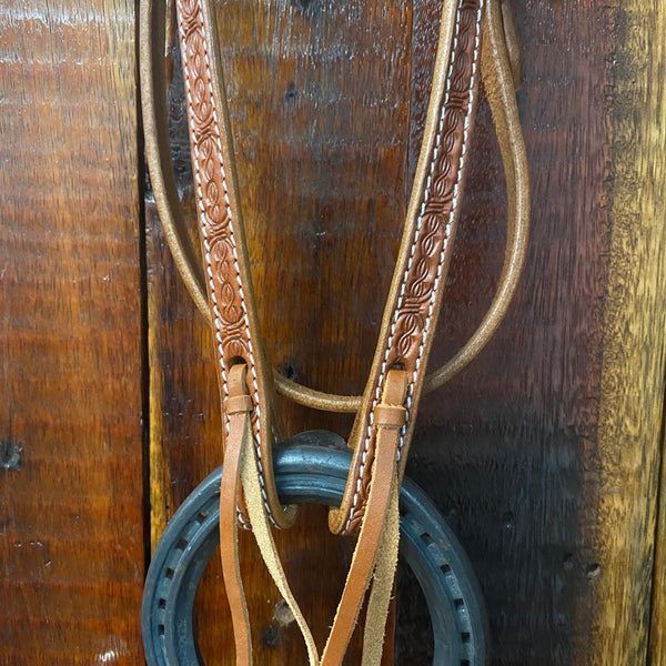 Argentina cow leather futurity headstall with barbed wire tooling