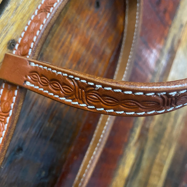 Argentina cow leather one ear headstall with detailed barb wire tooling