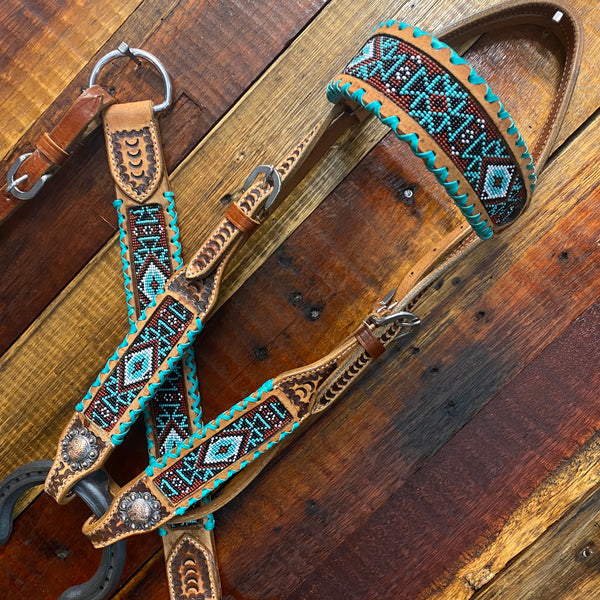 Headstall set with Aztec beaded inlay & teal rawhide laced