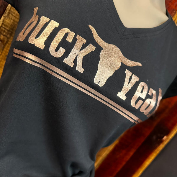 "Buck Yeah" Brand V-Neck Tee - Black & Rose Gold