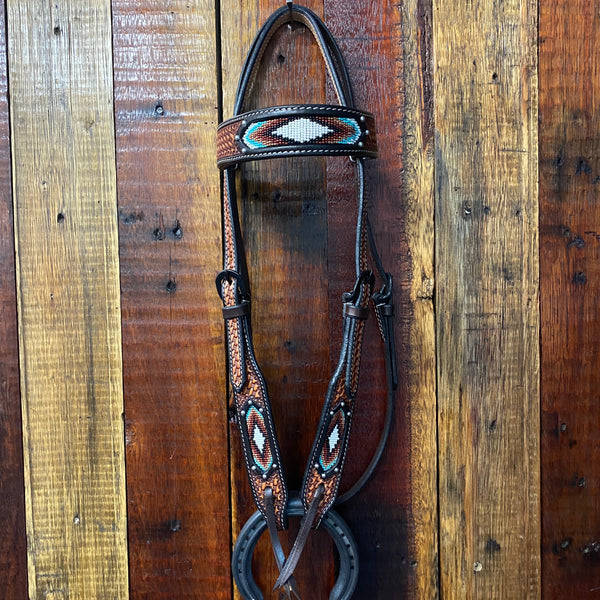 Dark Brown Two-Tone Argentina Leather Brow-Band Bridle With Beaded Inlay