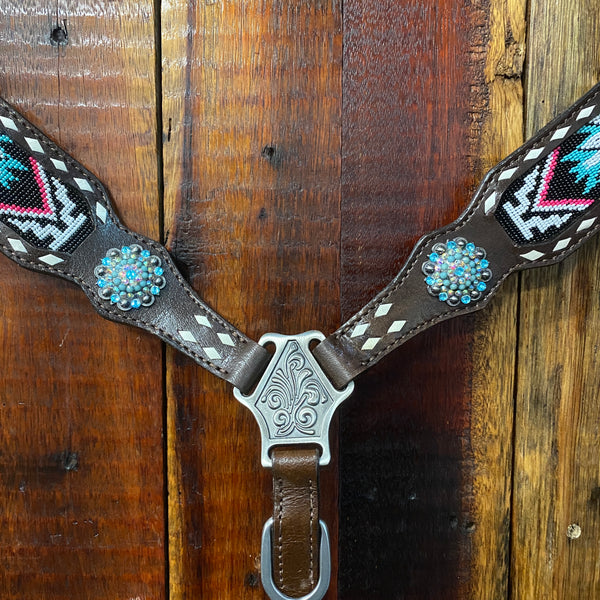 Pink & Teal Beaded One Ear Tack Set with bling conchos