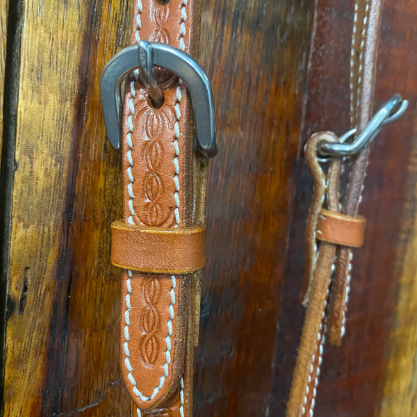 Argentina cow leather one ear headstall with detailed barb wire tooling