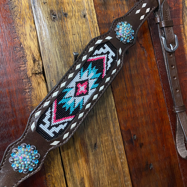 Pink & Teal Beaded One Ear Tack Set with bling conchos