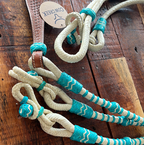 8FT Braided Natural Rawhide & Teal Romal Reins